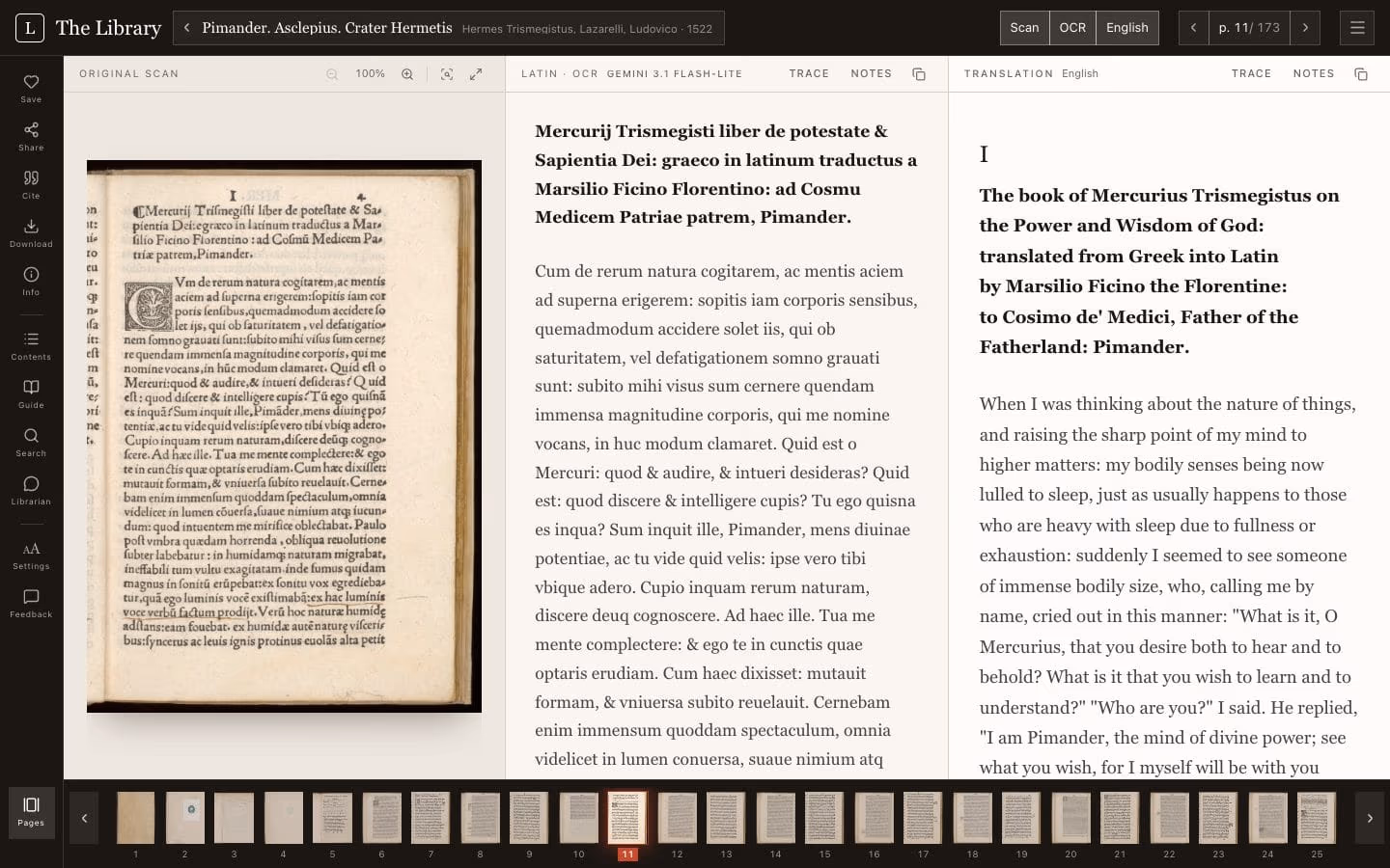 The reader on a laptop: scan, Latin transcription and English translation side by side.