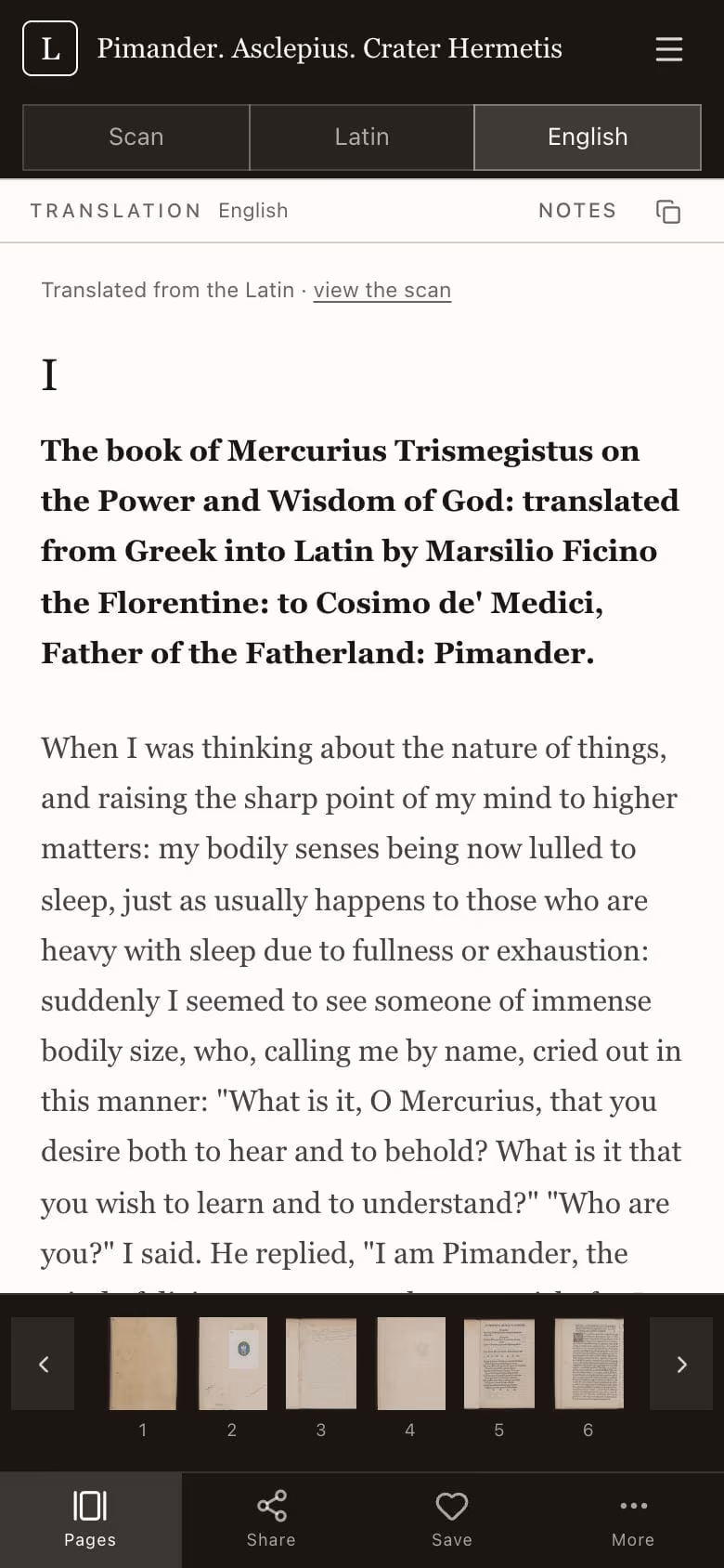 The reader on a phone, showing the English translation of the Pimander.